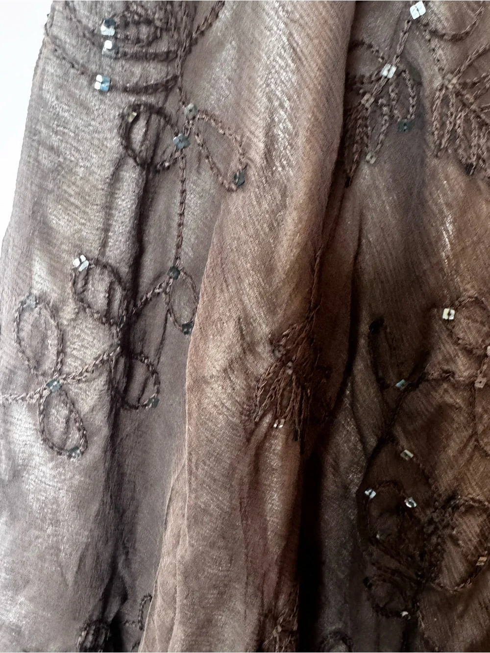 Anne Klein NEW Y2K 100% Silk Sheer Embroidered Sequin Midi Skirt Brown 4 Boho - Picture 13 of 16